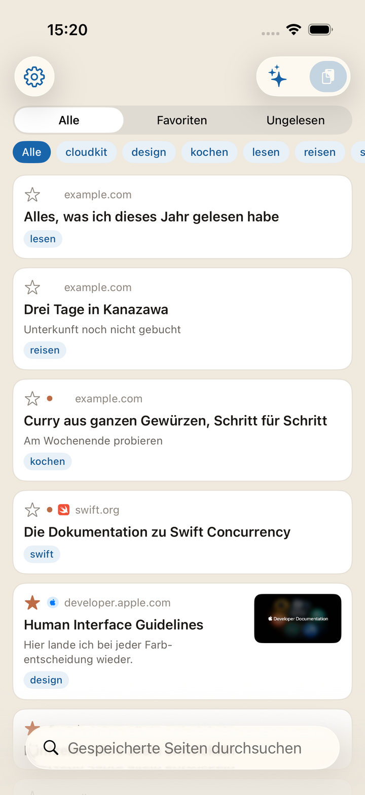 Die Liste in Kakesu. Oben wechseln Tabs zwischen Alle, Favoriten und Ungelesen; die Tags darunter grenzen ein.