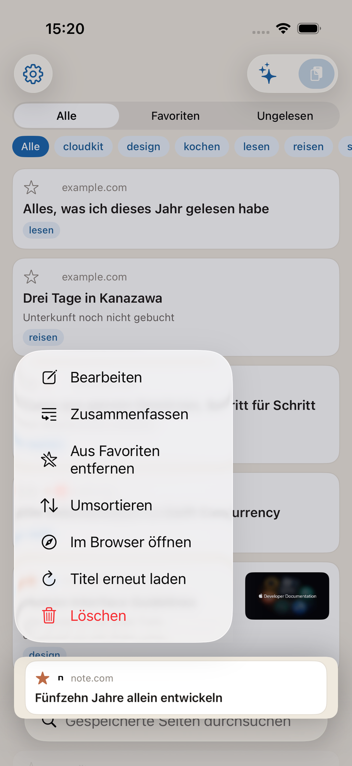 Das Gedrückthalten-Menü: Bearbeiten, Zusammenfassung, Favorit, Sortieren, Im Browser öffnen, Erneut holen, Löschen.