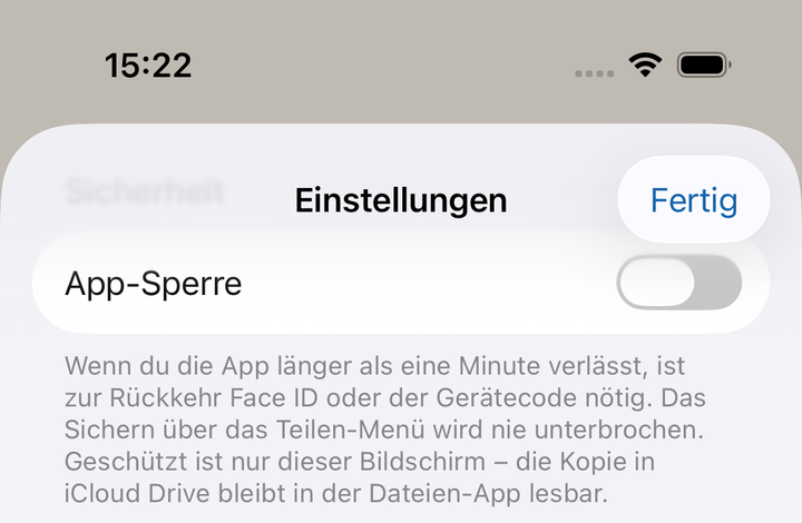 Sicherheitseinstellungen. Die App-Sperre ist standardmäßig aus; eingeschaltet fragt die App beim Öffnen nach.