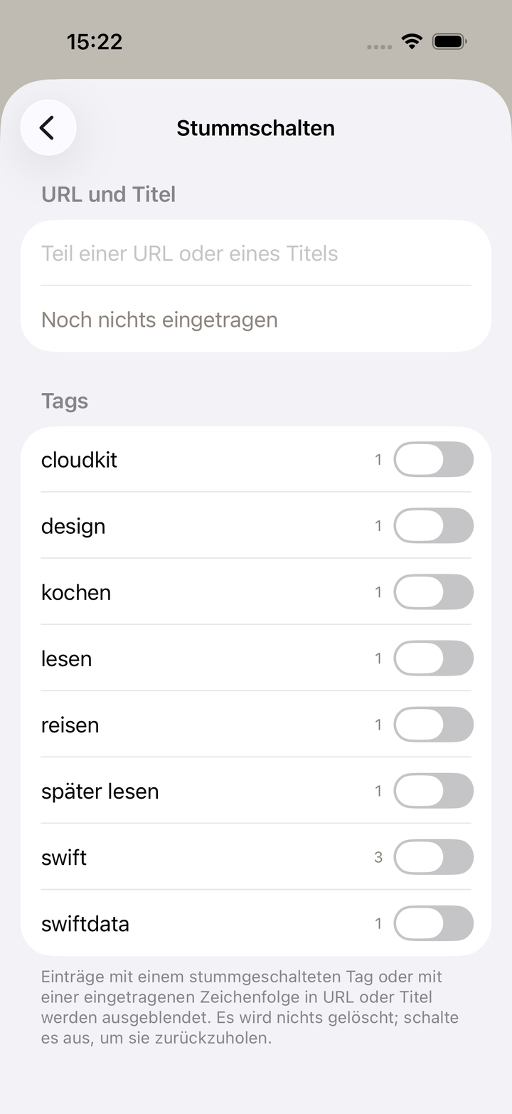 Einstellungen zum Stummschalten: Zeichenfolgen aus URL oder Titel sowie ganze Tags. Regeln lassen sich ausschalten, ohne sie zu löschen.