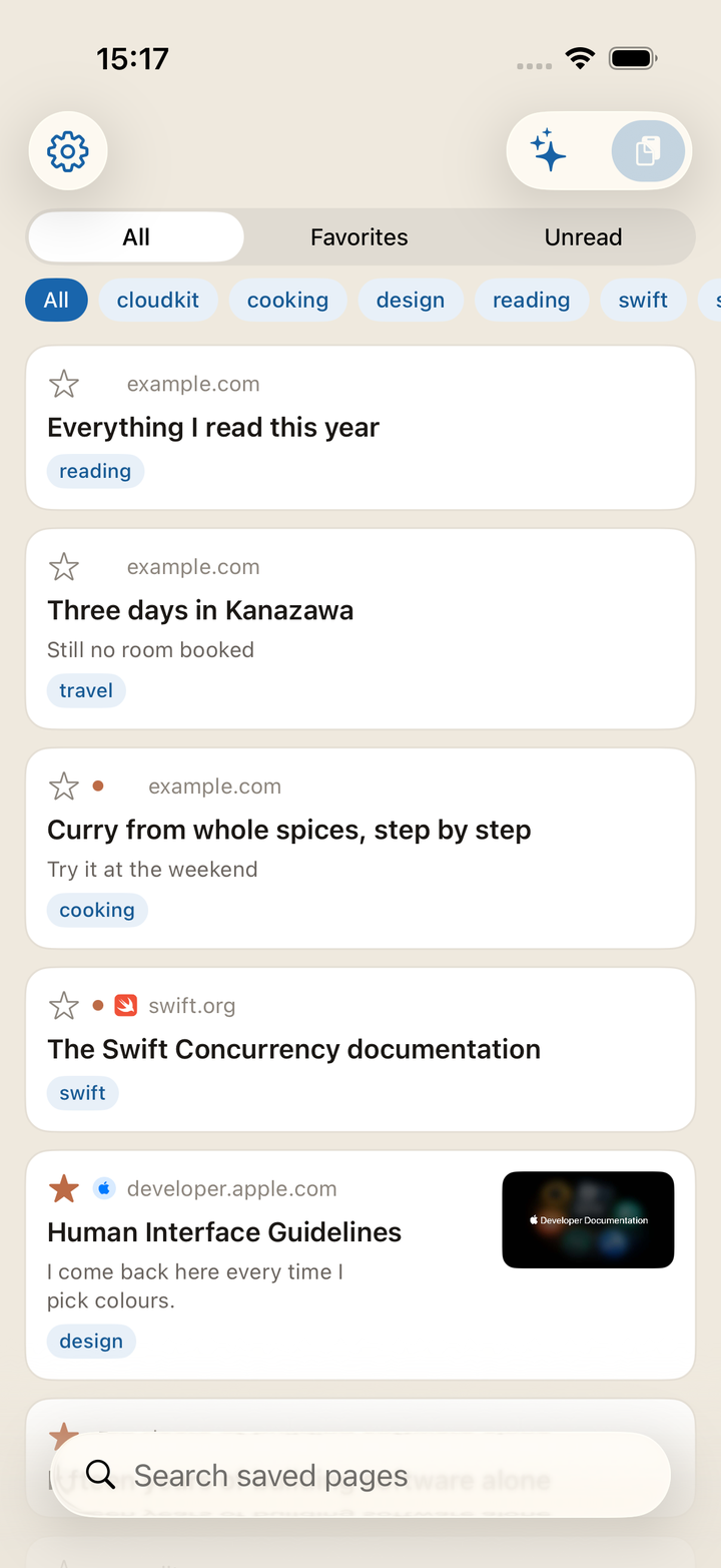 The Kakesu list. Tabs at the top switch between All, Favorites, and Unread; the tags below narrow it down.