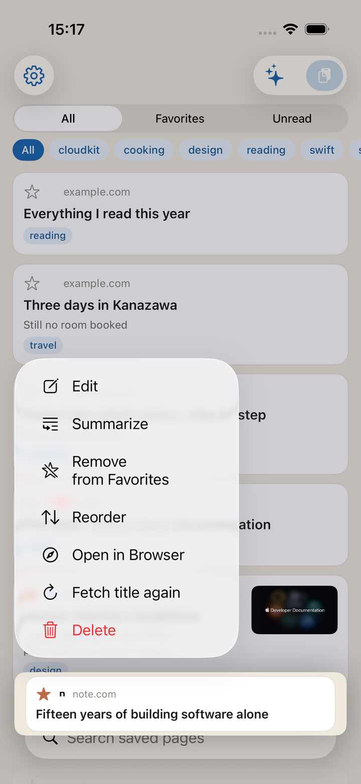 The press-and-hold menu: Edit, Summary, Favorite, Reorder, Open in Browser, Fetch Again, Delete.