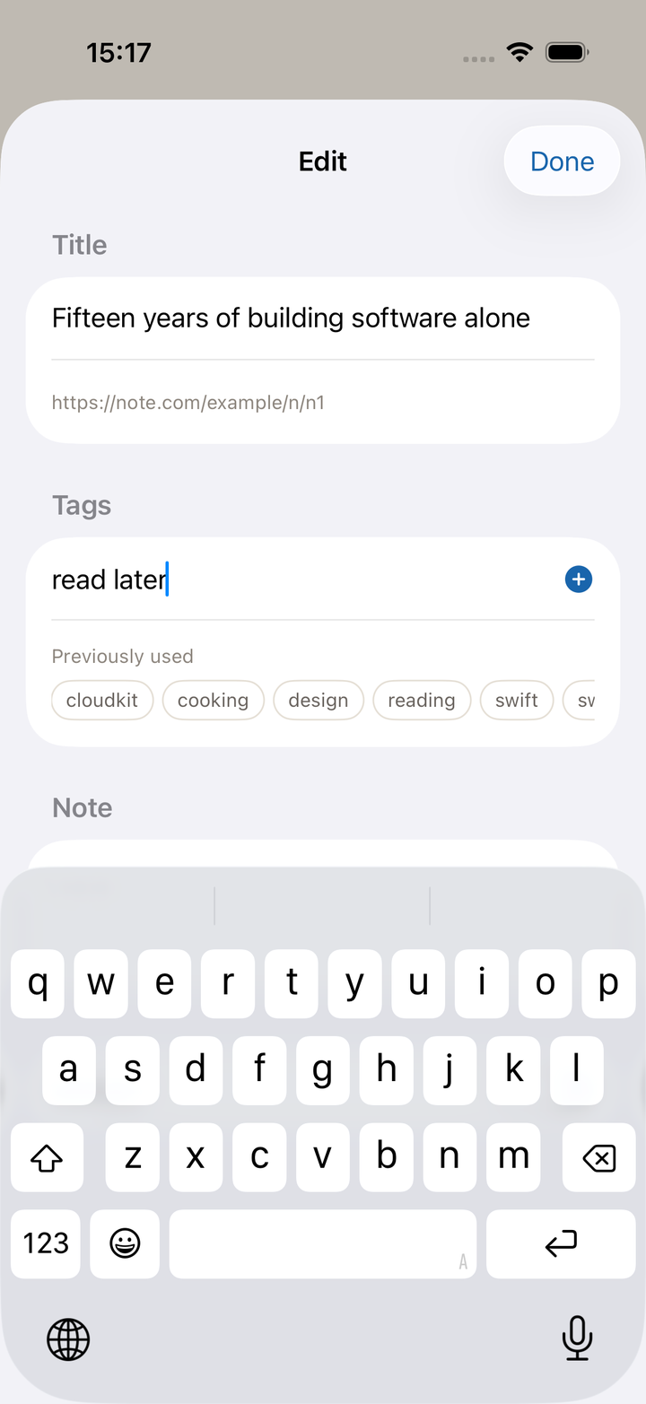 The edit screen: fix the title, add tags, write a note. Tags you have used before are offered as suggestions.