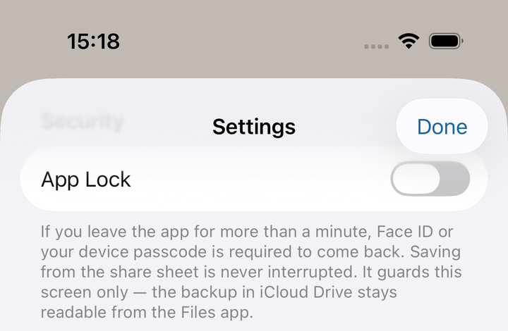 Security settings. App Lock is off by default; turn it on and the app asks when you open it.