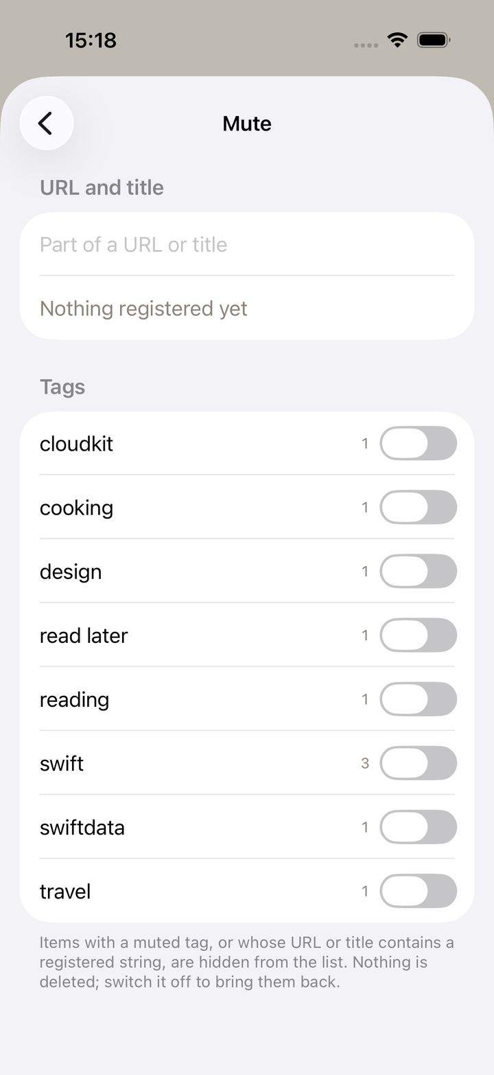 Mute settings: strings found in the URL or title, and whole tags. You can switch a rule off without deleting it.