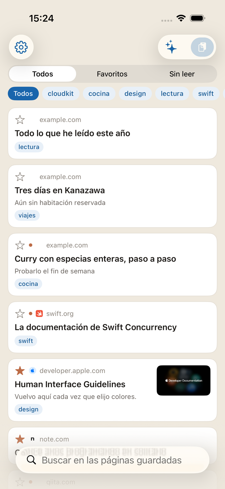 La lista de Kakesu. Las pestañas de arriba alternan entre Todos, Favoritos y Sin leer; las etiquetas de debajo acotan.