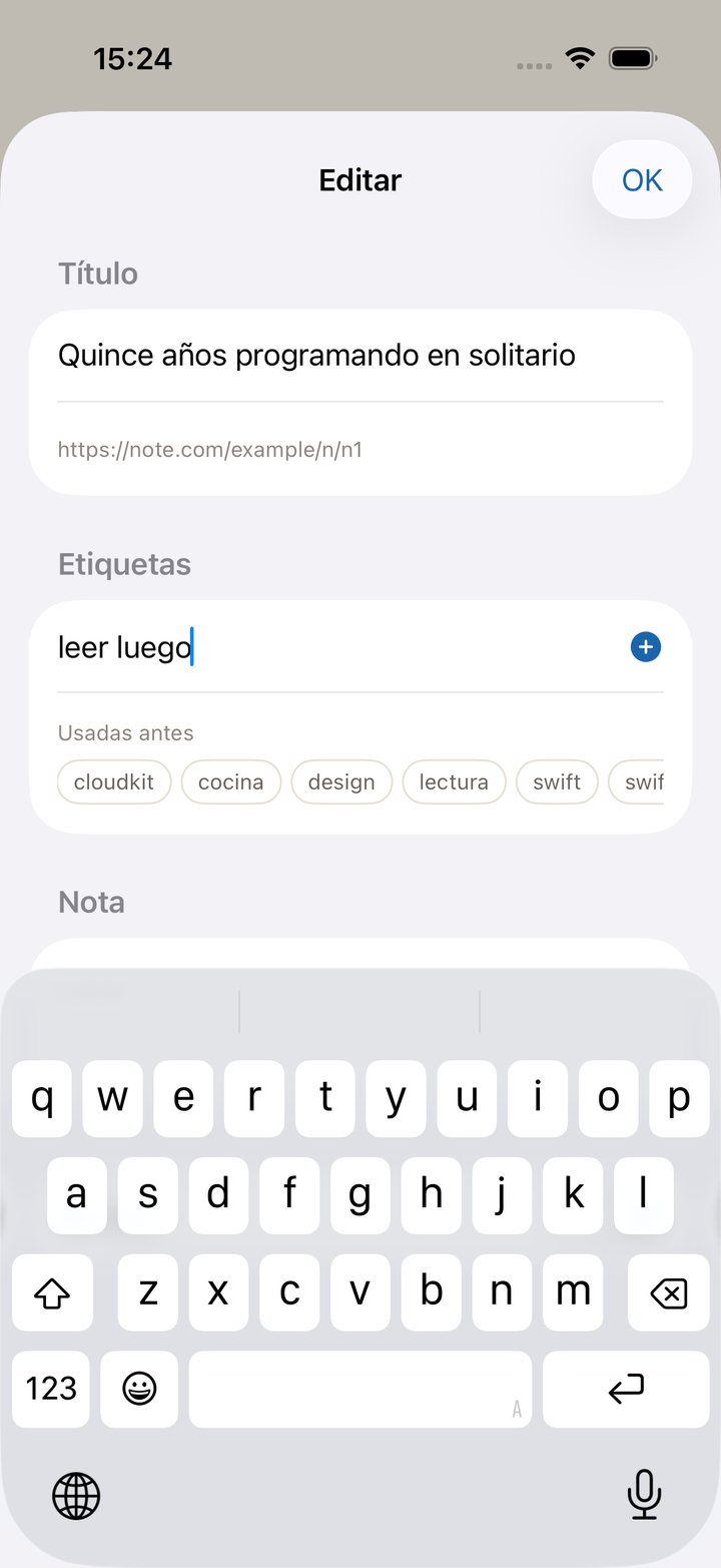 La pantalla de edición: corregir el título, añadir etiquetas, escribir una nota. Las etiquetas ya usadas se sugieren.
