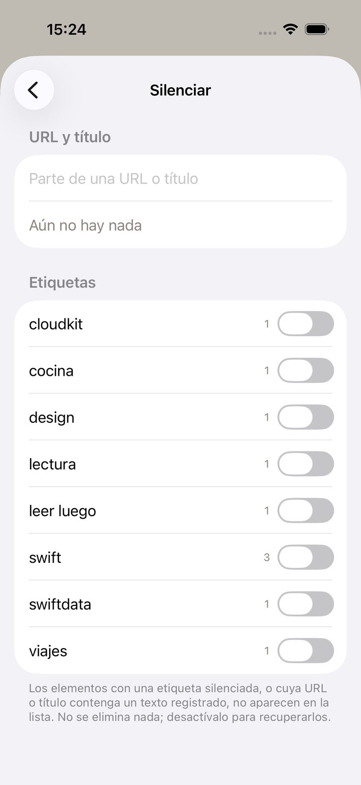 Ajustes de silenciado: cadenas presentes en la URL o el título, y etiquetas enteras. Una regla se desactiva sin borrarla.