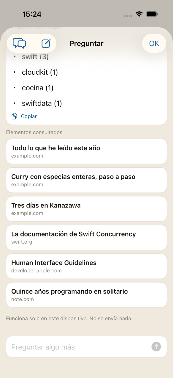 La pantalla Preguntar. La respuesta aparece bajo la pregunta, y debajo los elementos consultados.