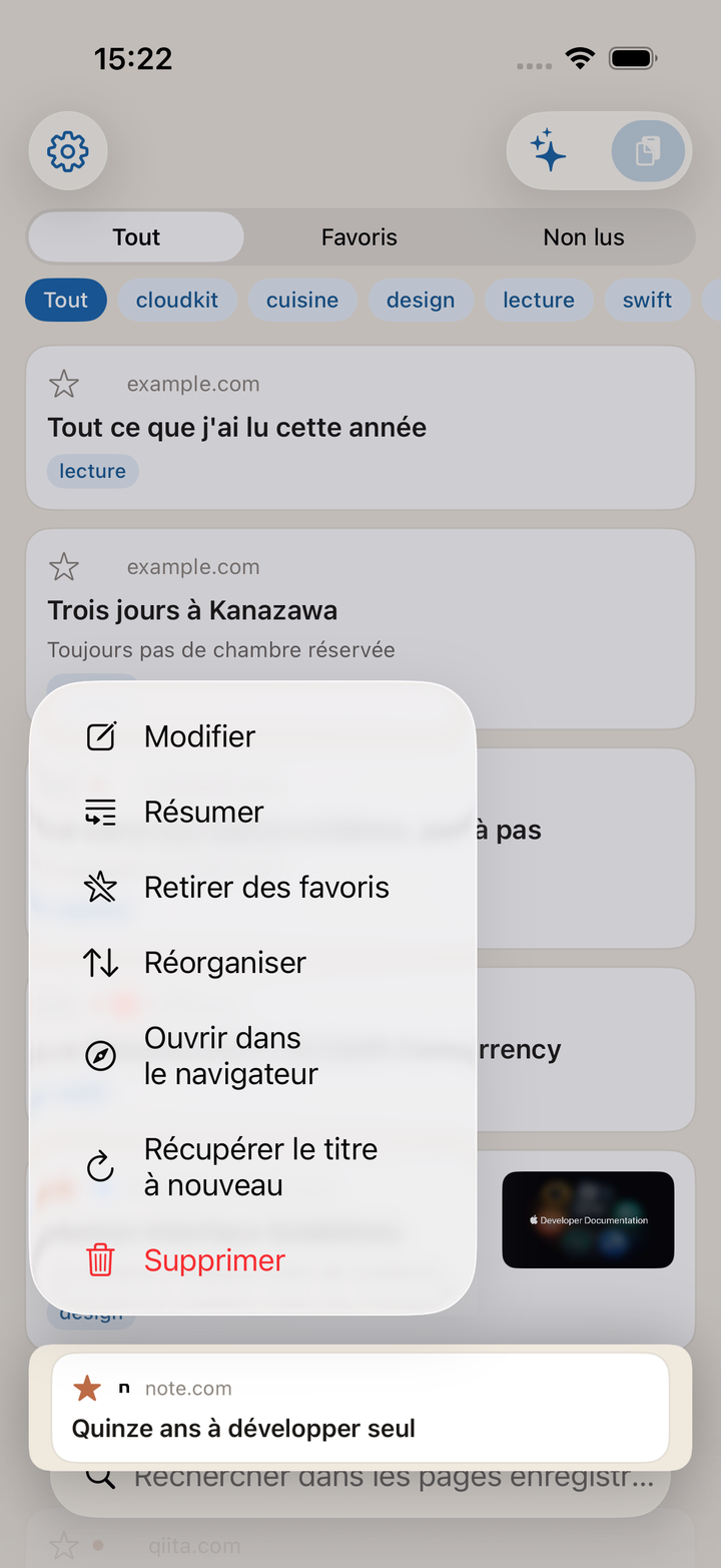 Le menu par appui long : Modifier, Résumé, Favori, Trier, Ouvrir dans le navigateur, Récupérer à nouveau, Supprimer.