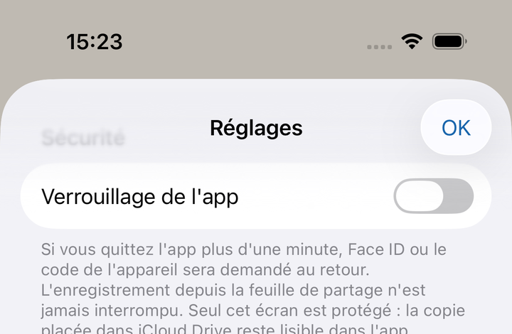 Réglages de sécurité. Le verrouillage de l'app est désactivé par défaut ; activé, l'app demande à l'ouverture.