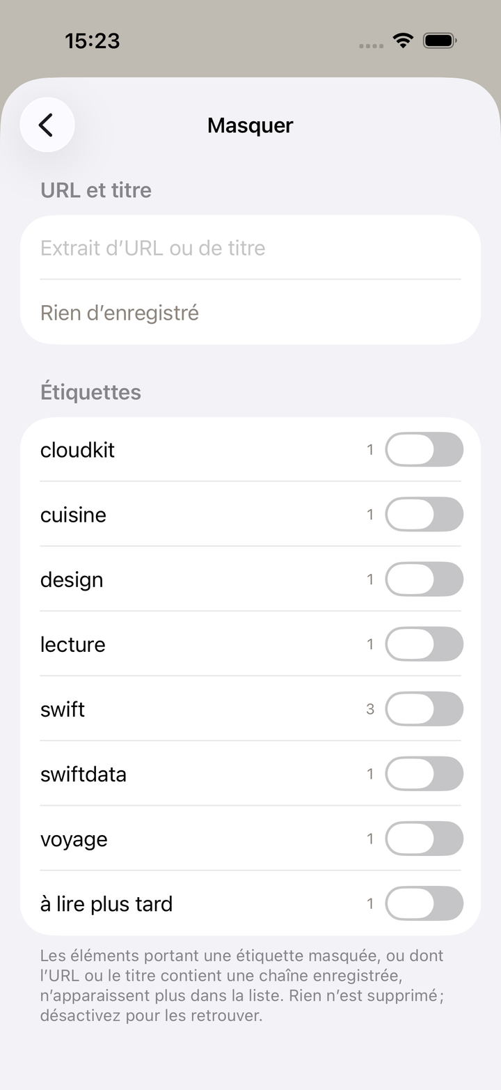Réglages de masquage : chaînes présentes dans l'URL ou le titre, et étiquettes entières. Une règle se désactive sans se supprimer.