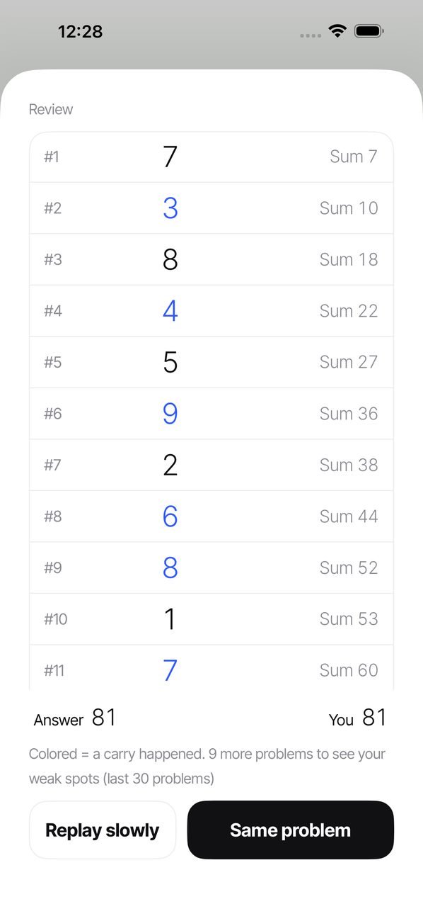 Review screen listing 15 numbers with running totals; numbers with a carry are blue
