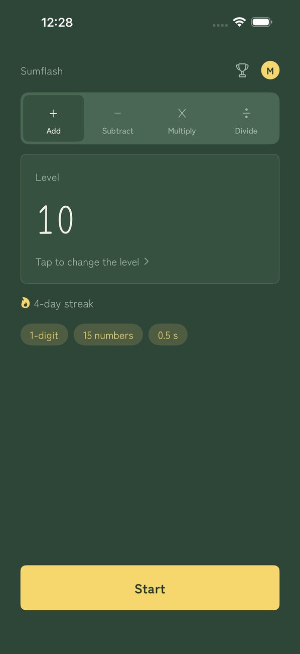 Home screen (Chalkboard theme) with a 4-day streak and level 10
