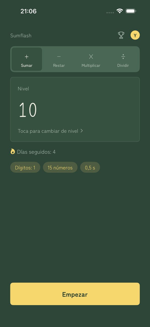 Pantalla de inicio (tema Pizarra) con una racha de 4 días y el nivel 10