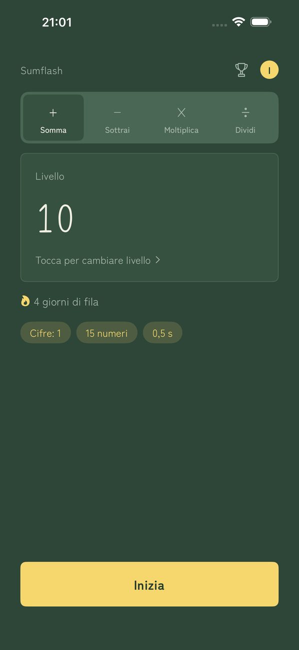 Schermata Home (tema Lavagna) con 4 giorni di fila e livello 10