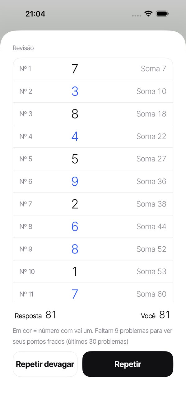 Tela de revisão com 15 números e as somas parciais; os números com vai um aparecem em azul