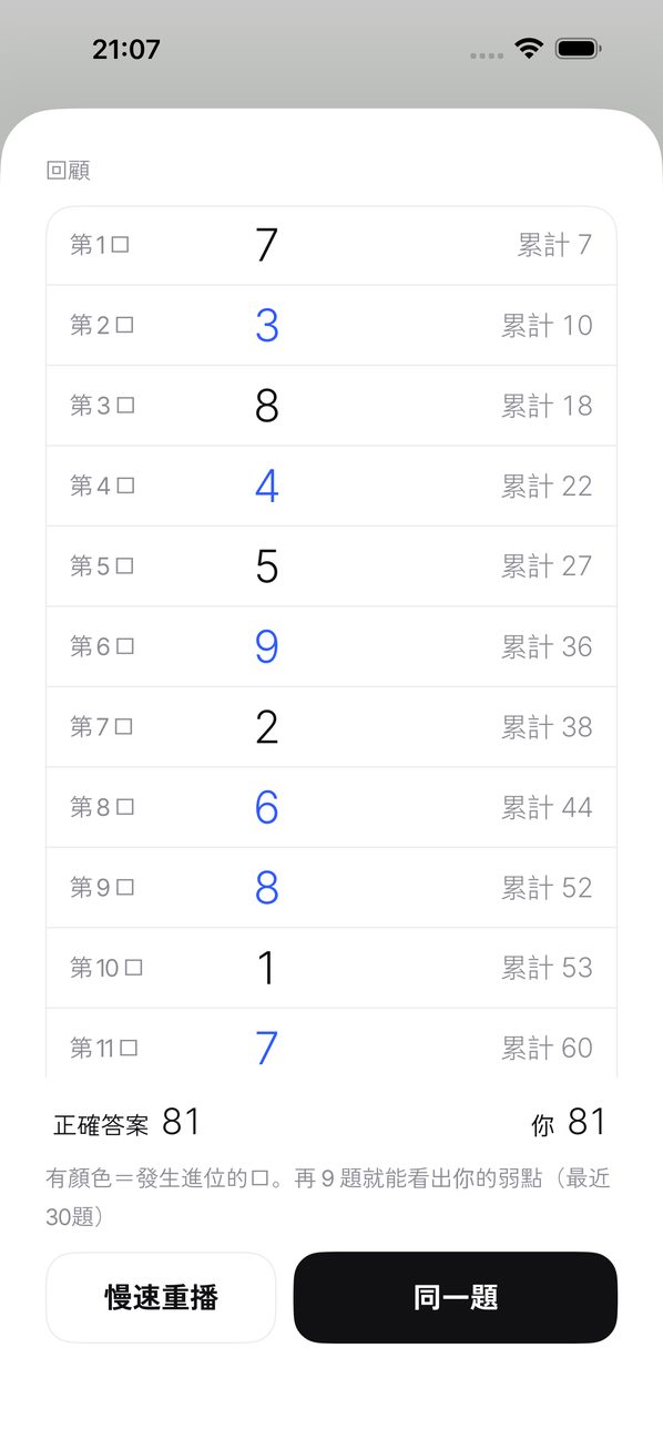 回顧畫面：列出 15 口數字與途中的累計，發生進位的口以藍色標示